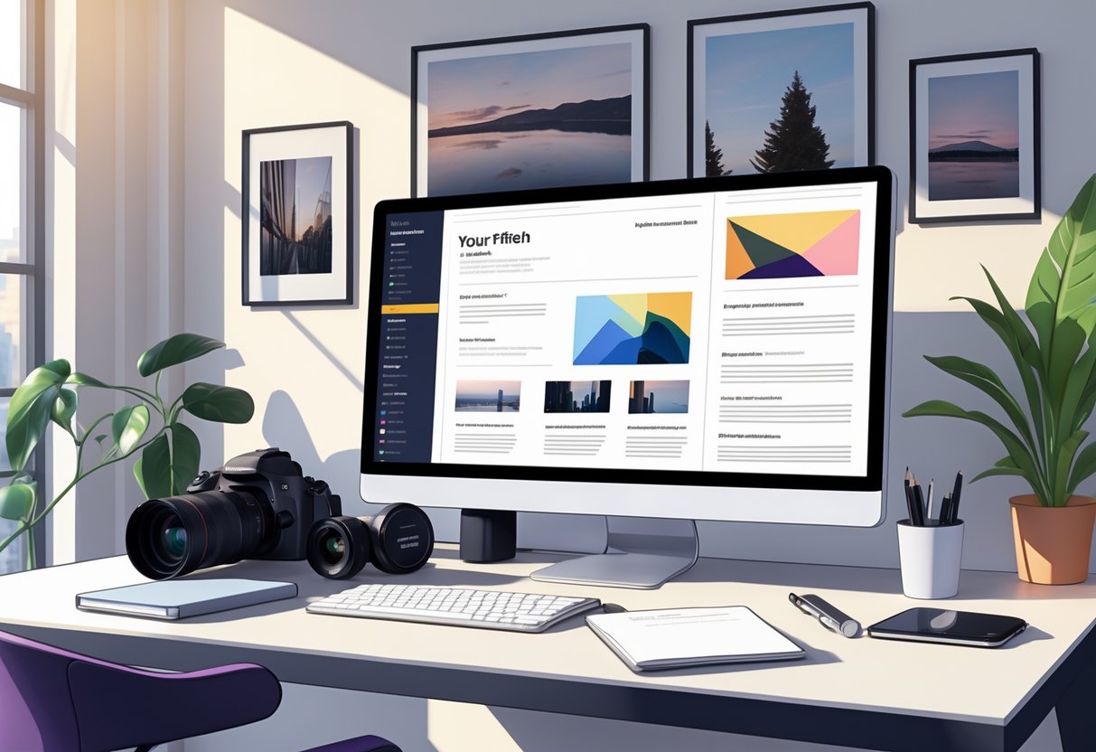 9 Photographer Resume Examples & Guide for 2025: Proven Formats and Expert Tips 1 A modern workspace with a camera, photography gear, and a computer showing a digital resume layout, surrounded by framed photos and office items.
