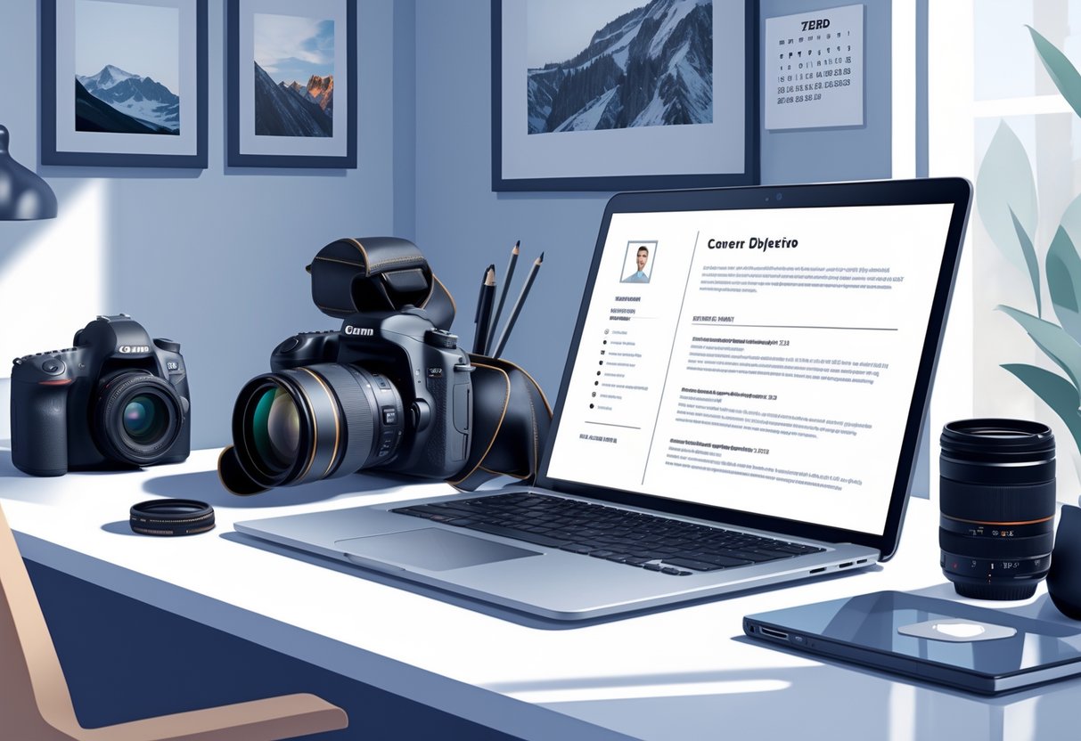 9 Photographer Resume Examples & Guide for 2025: Proven Formats and Expert Tips 3 A workspace with a camera, photography equipment, and a laptop showing a resume template, with framed photos on the wall and natural light from a window.