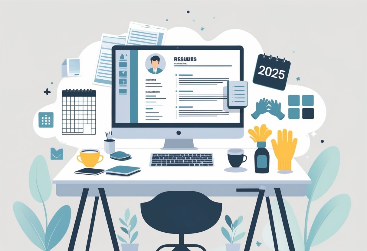 7 Housekeeper Resume Examples & Guide for 2025: Templates, Skills, and Writing Tips 1 A tidy workspace with a laptop, coffee cup, notepad, and cleaning-related icons representing housekeeper tasks.