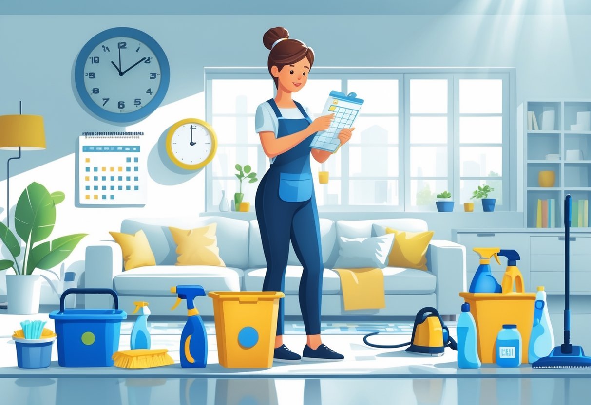7 Housekeeper Resume Examples & Guide for 2025: Templates, Skills, and Writing Tips 3 A housekeeper organizing cleaning supplies in a tidy living room with a clock and calendar visible, showing efficient time management.