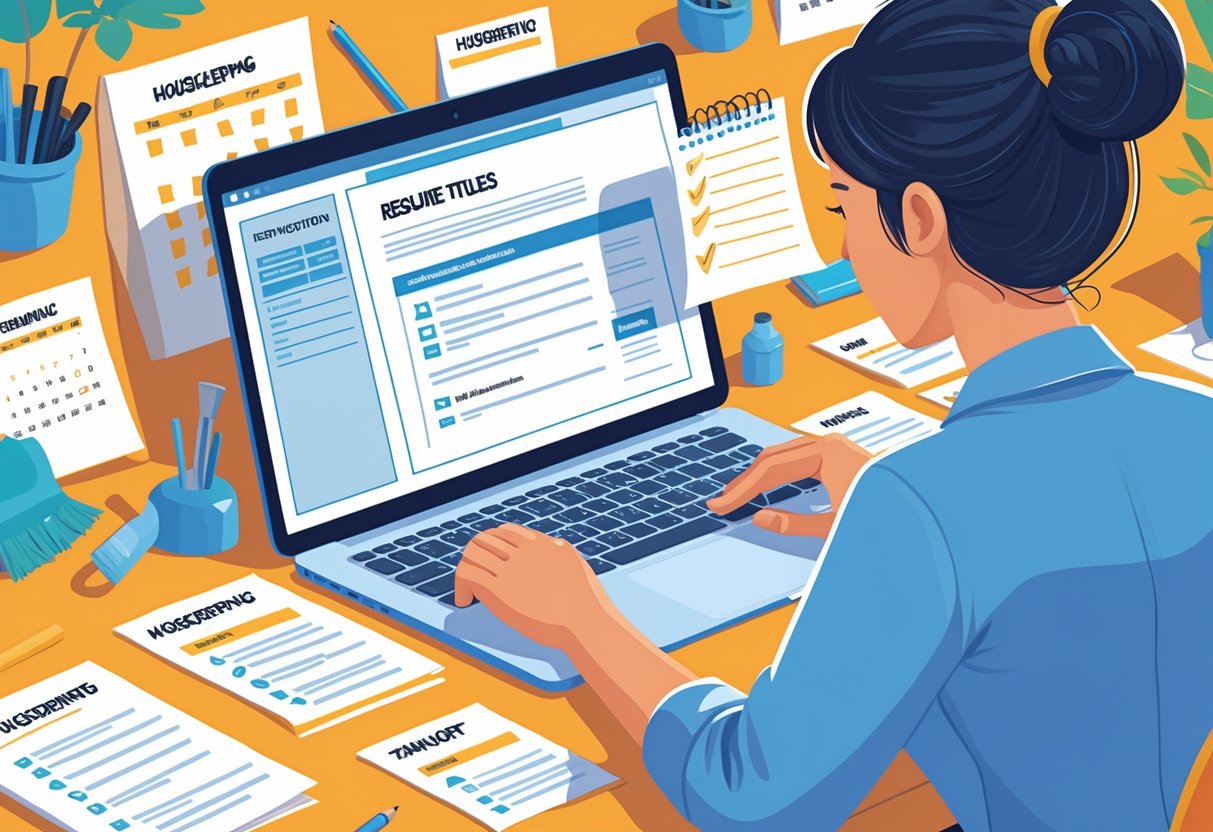 7 Housekeeper Resume Examples & Guide for 2025: Templates, Skills, and Writing Tips 4 A person working at a desk customizing a resume on a laptop surrounded by housekeeping-related icons and organized documents.