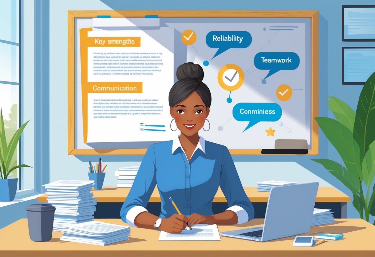 How to Write a Reference Letter: A Guide with Examples for Professionals and Students 3 A person writing a letter at a desk in a bright office with a bulletin board showing icons representing key strengths.