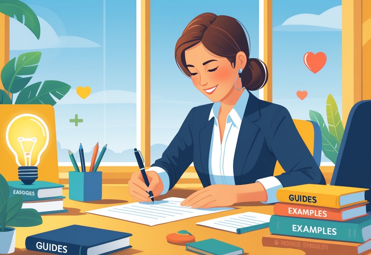 How to Write a Reference Letter: A Guide with Examples for Professionals and Students 5 A person writing a letter at a desk in a bright office, surrounded by books and symbols of support and honesty.