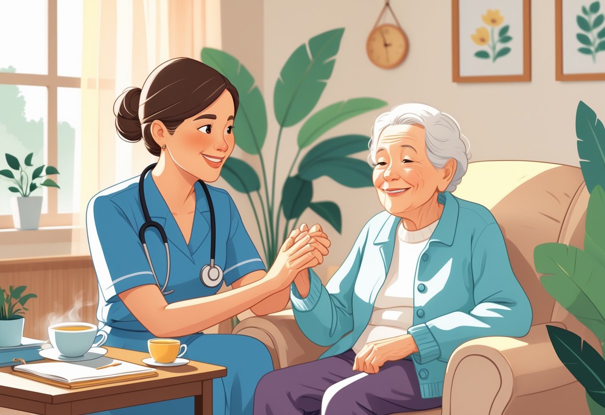 11 Professional Caregiver Cover Letter Examples for 2025: Expert Templates and Writing Tips 3 A caregiver attentively holding hands and talking with an elderly person in a cozy living room.