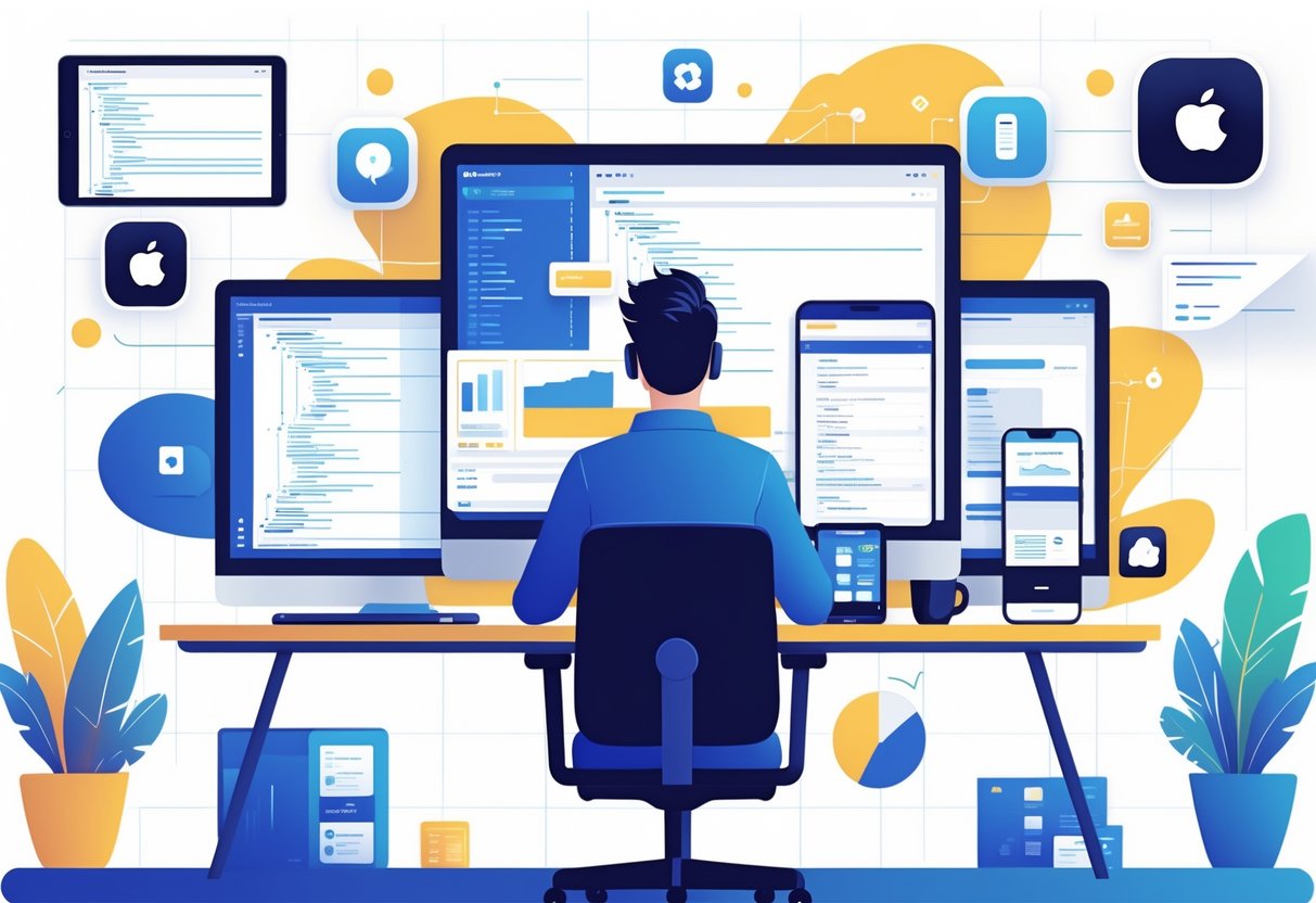 10 Mobile Application Developer Resume Examples for Standout Job Applications 1 A person working at a desk with multiple screens showing mobile app code and designs, surrounded by smartphones and tech devices in a modern office.
