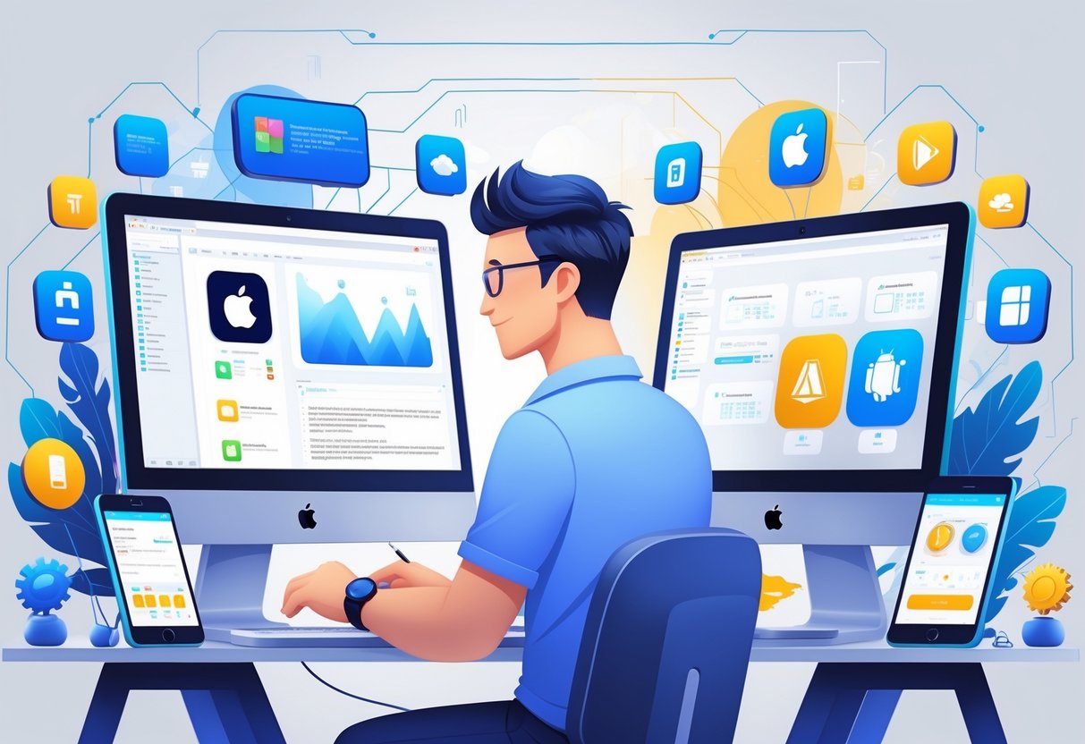 10 Mobile Application Developer Resume Examples for Standout Job Applications 2 A developer working at a desk with two monitors showing iOS and Android app designs, surrounded by mobile technology icons and development tools.