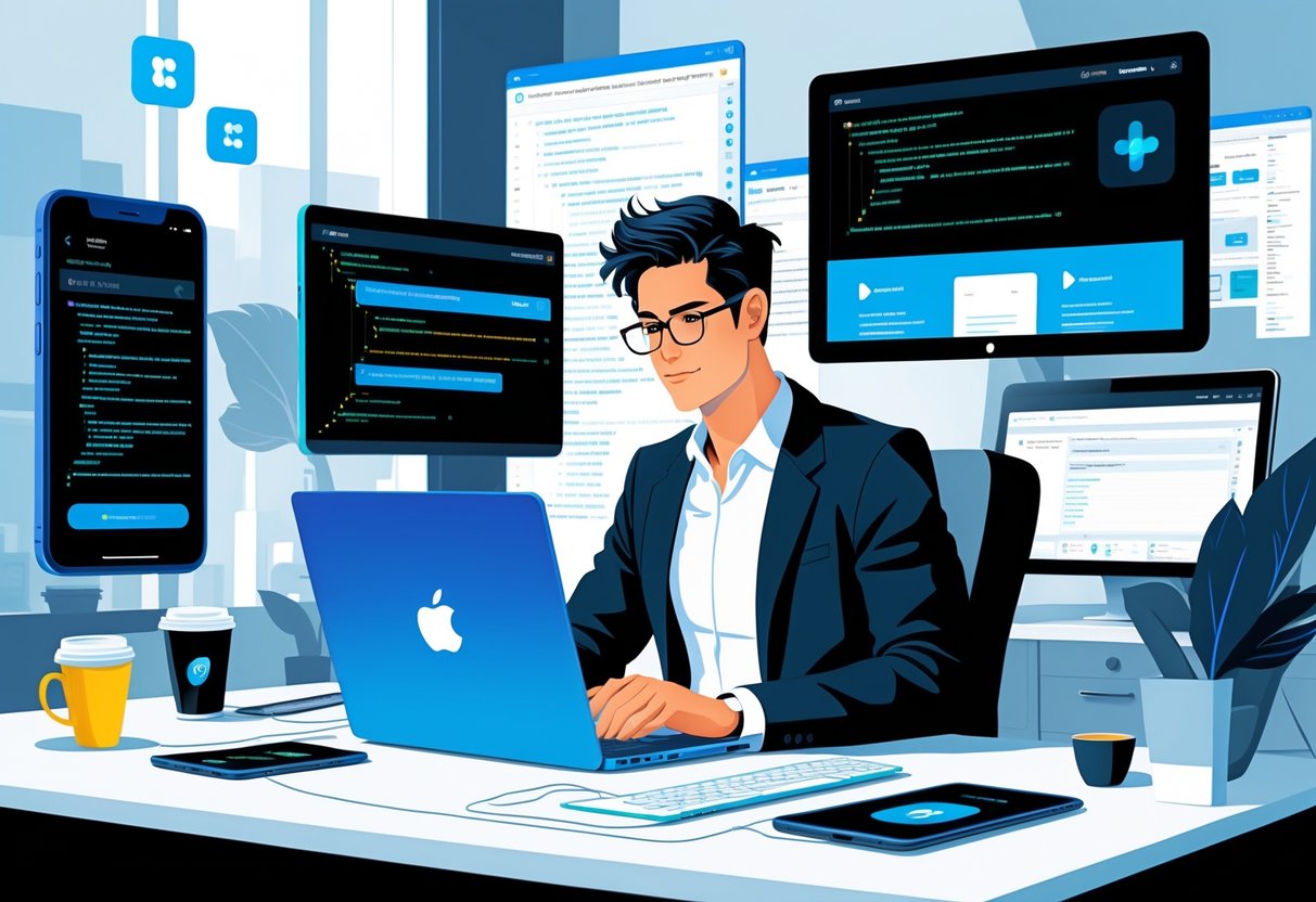 10 Mobile Application Developer Resume Examples for Standout Job Applications 3 A mobile application developer working at a desk with multiple screens showing app interfaces and code, surrounded by a smartphone, tablet, and digital app icons.
