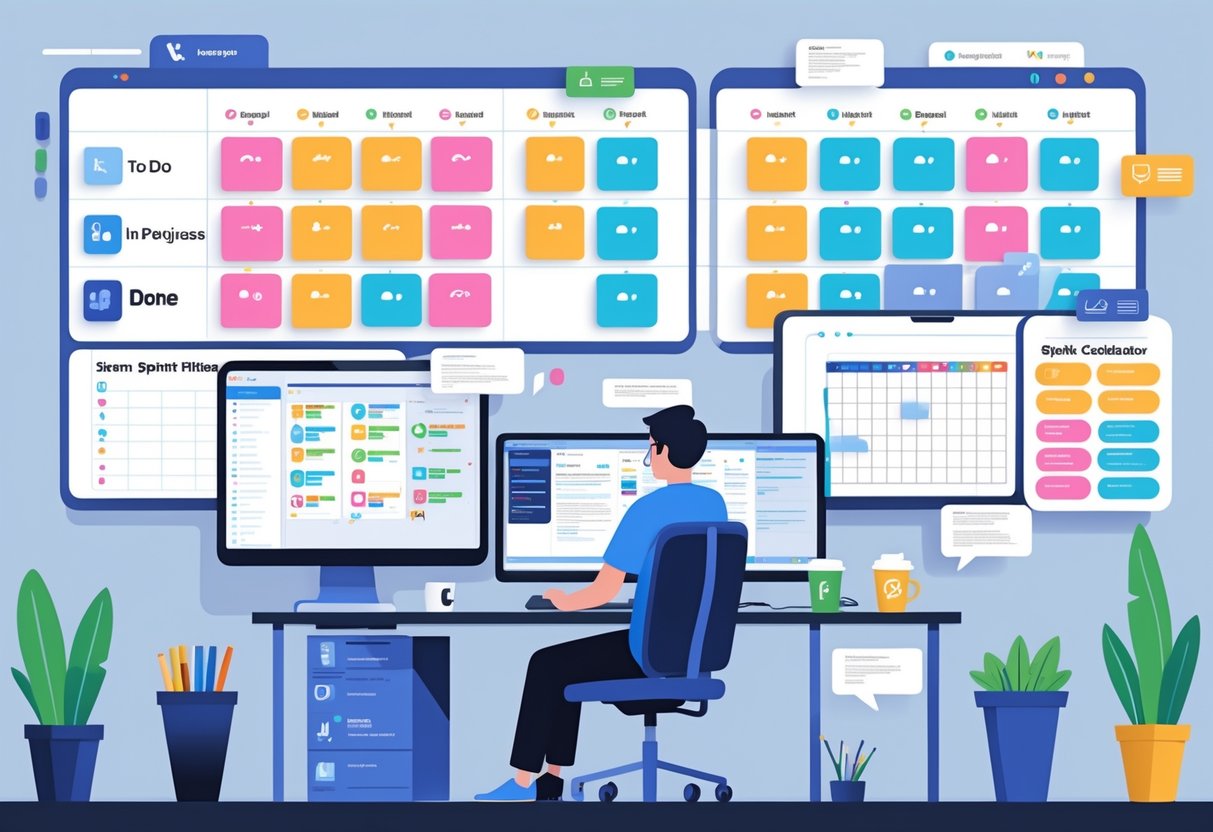 10 Mobile Application Developer Resume Examples for Standout Job Applications 4 A mobile app developer working at a desk with computer screens showing app designs and code, surrounded by a Kanban board and sprint planning tools representing Agile and Scrum teamwork.