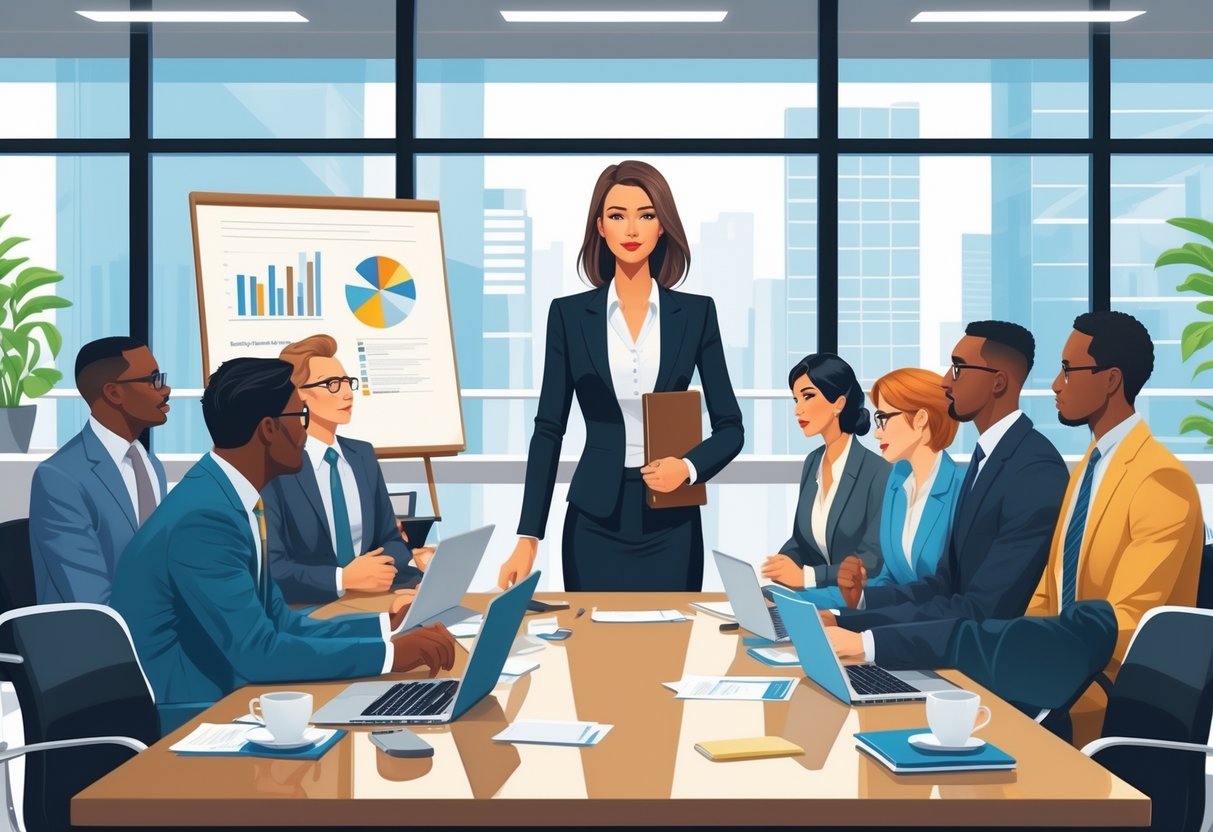 Professional Board of Directors Cover Letter Examples for Effective Applications 2 A confident businesswoman standing in a boardroom with diverse board members engaged in a meeting around a conference table.