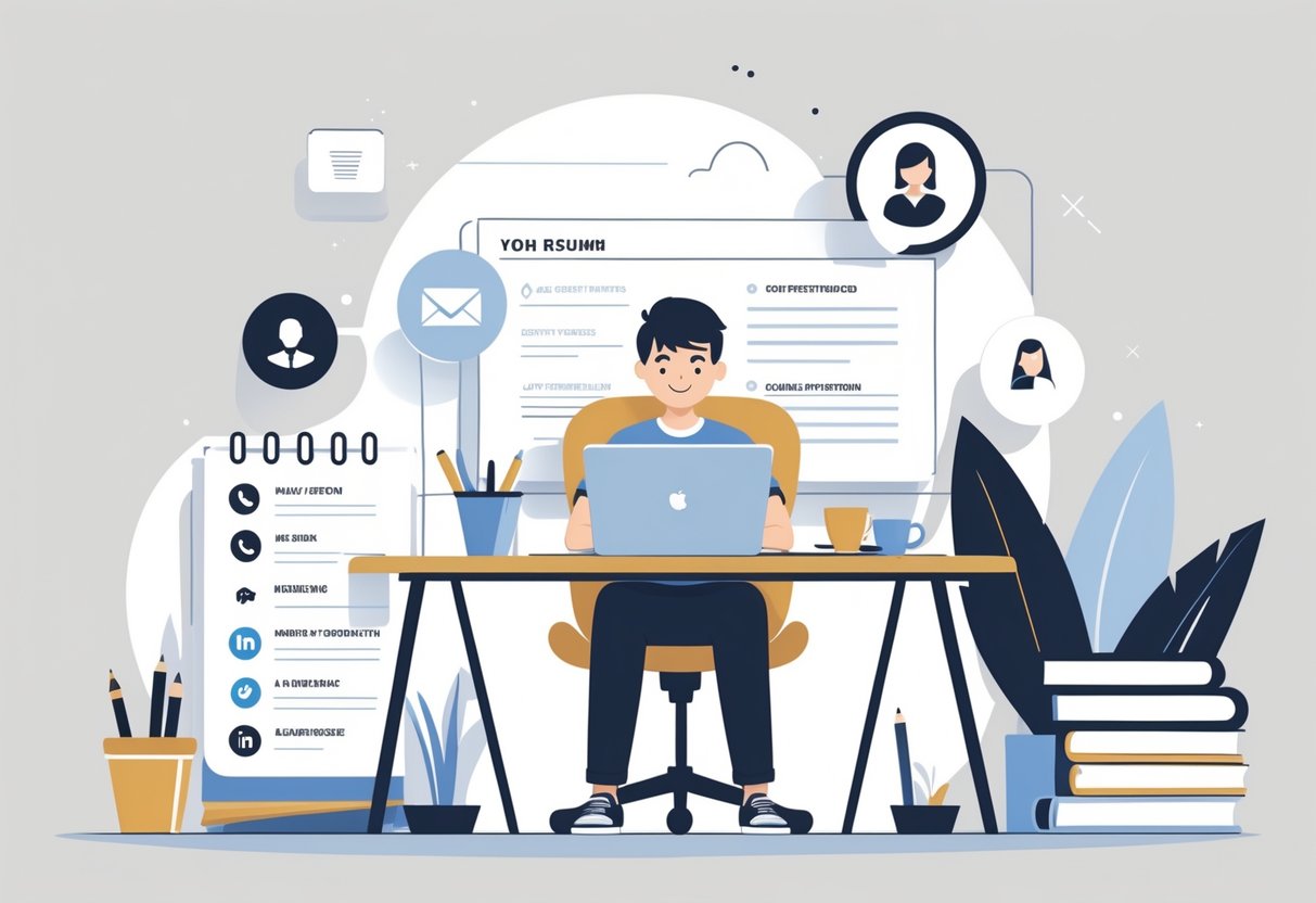 Resume for a 16-year-old. Guide & Examples for First-Time Job Seekers 2 A teenager sitting at a desk with a laptop, surrounded by icons representing phone, email, and LinkedIn, preparing a resume in a clean and organized workspace.