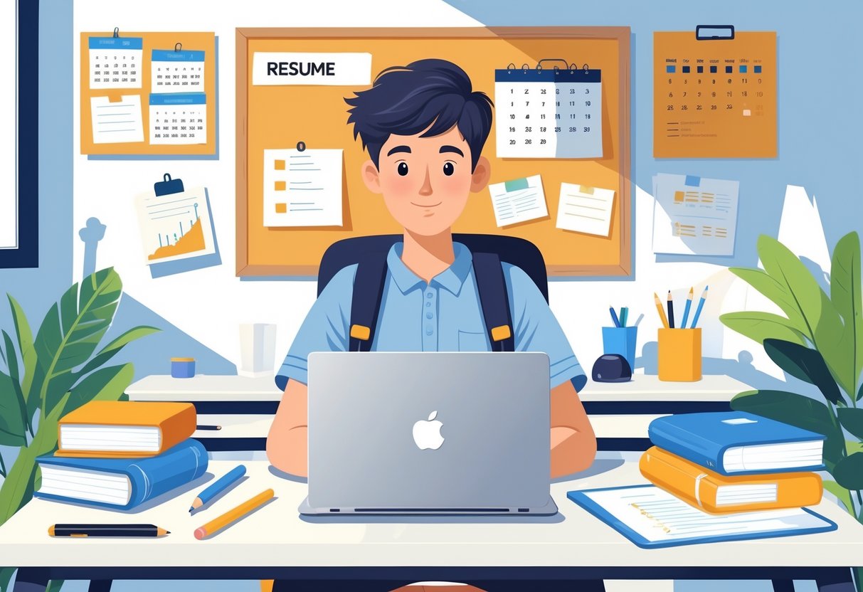 Resume for a 16-year-old. Guide & Examples for First-Time Job Seekers 3 A teenager sitting at a desk with a laptop and school supplies, focused on preparing a resume.