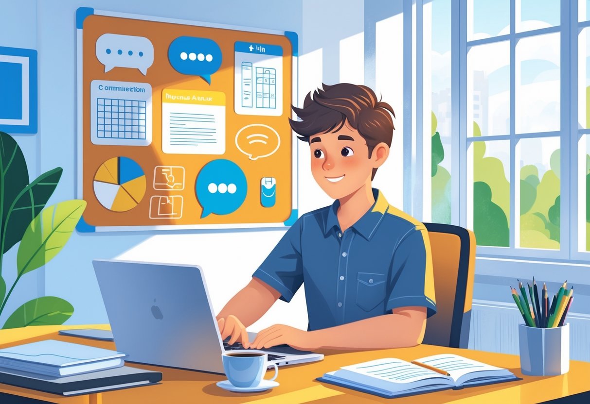 Resume for a 16-year-old. Guide & Examples for First-Time Job Seekers 4 A 16-year-old sitting at a desk working on a laptop with symbols of communication, Microsoft Office, and customer service visible nearby.