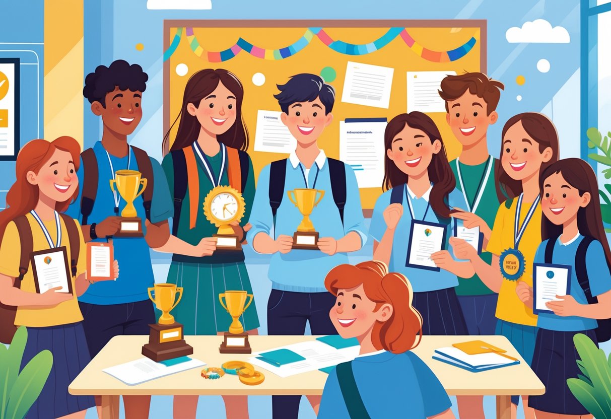 Resume for a 16-year-old. Guide & Examples for First-Time Job Seekers 5 Teenagers celebrating their academic, sports, and club achievements in a school setting with trophies and certificates.