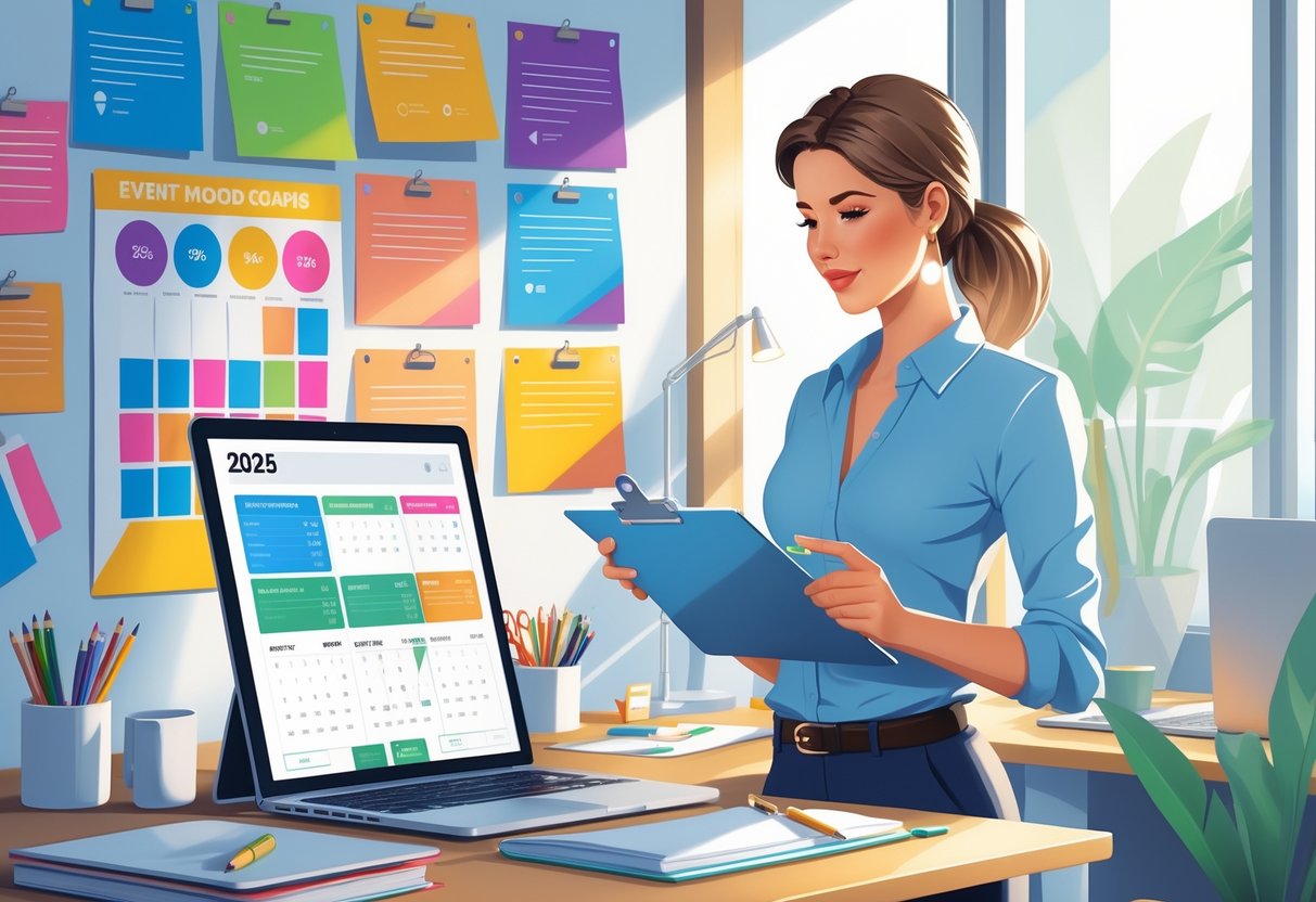 7 Event Planner Resume Examples & Guide for 2025: Templates, Skills, and Tips for Success 1 An event planner working at a desk with a laptop, clipboard, and event mood boards in a bright office.