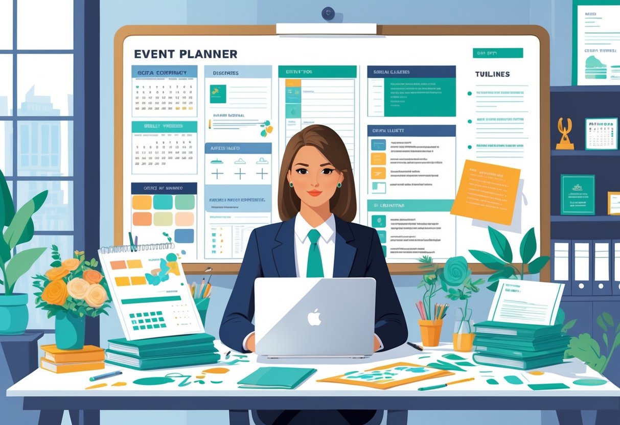 7 Event Planner Resume Examples & Guide for 2025: Templates, Skills, and Tips for Success 2 An event planner working at a desk surrounded by event planning materials, calendars, and a board with notes in a modern office.