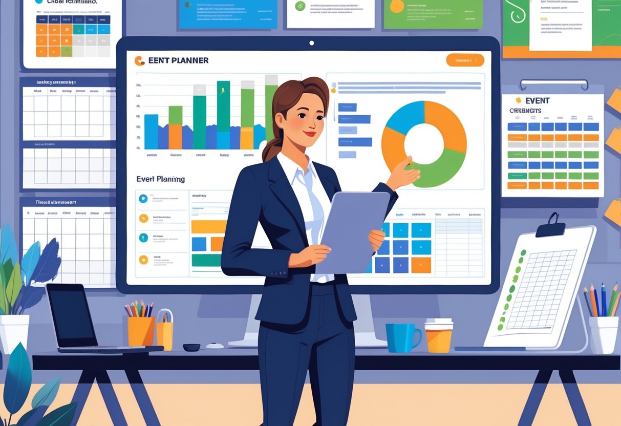 7 Event Planner Resume Examples & Guide for 2025: Templates, Skills, and Tips for Success 3 An event planner working in an office surrounded by planning tools like a calendar, checklist, laptop, and charts.