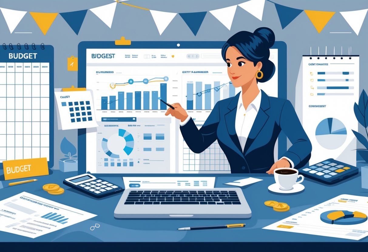 7 Event Planner Resume Examples & Guide for 2025: Templates, Skills, and Tips for Success 4 An event planner working at a desk with financial documents, a laptop showing charts, and event planning items around.