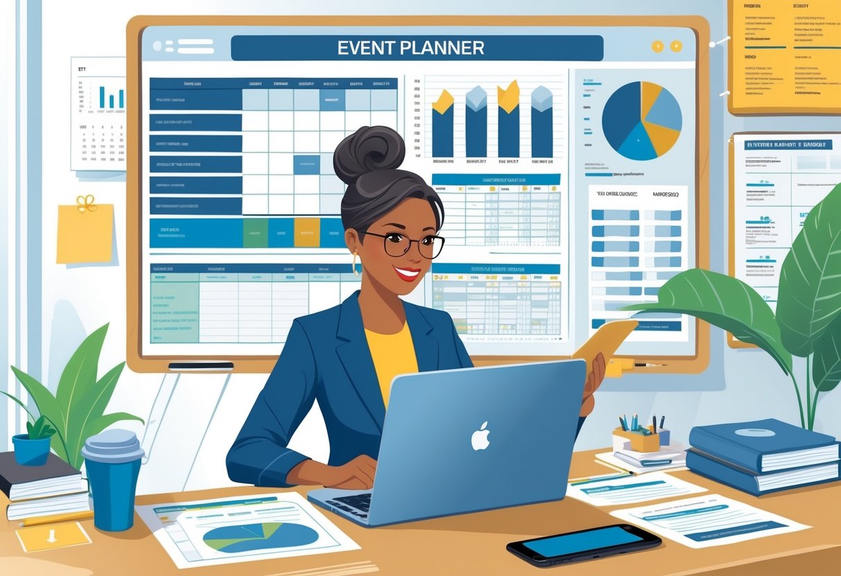7 Event Planner Resume Examples & Guide for 2025: Templates, Skills, and Tips for Success 5 An event planner working at a desk with documents, a laptop, and a calendar in a bright office.